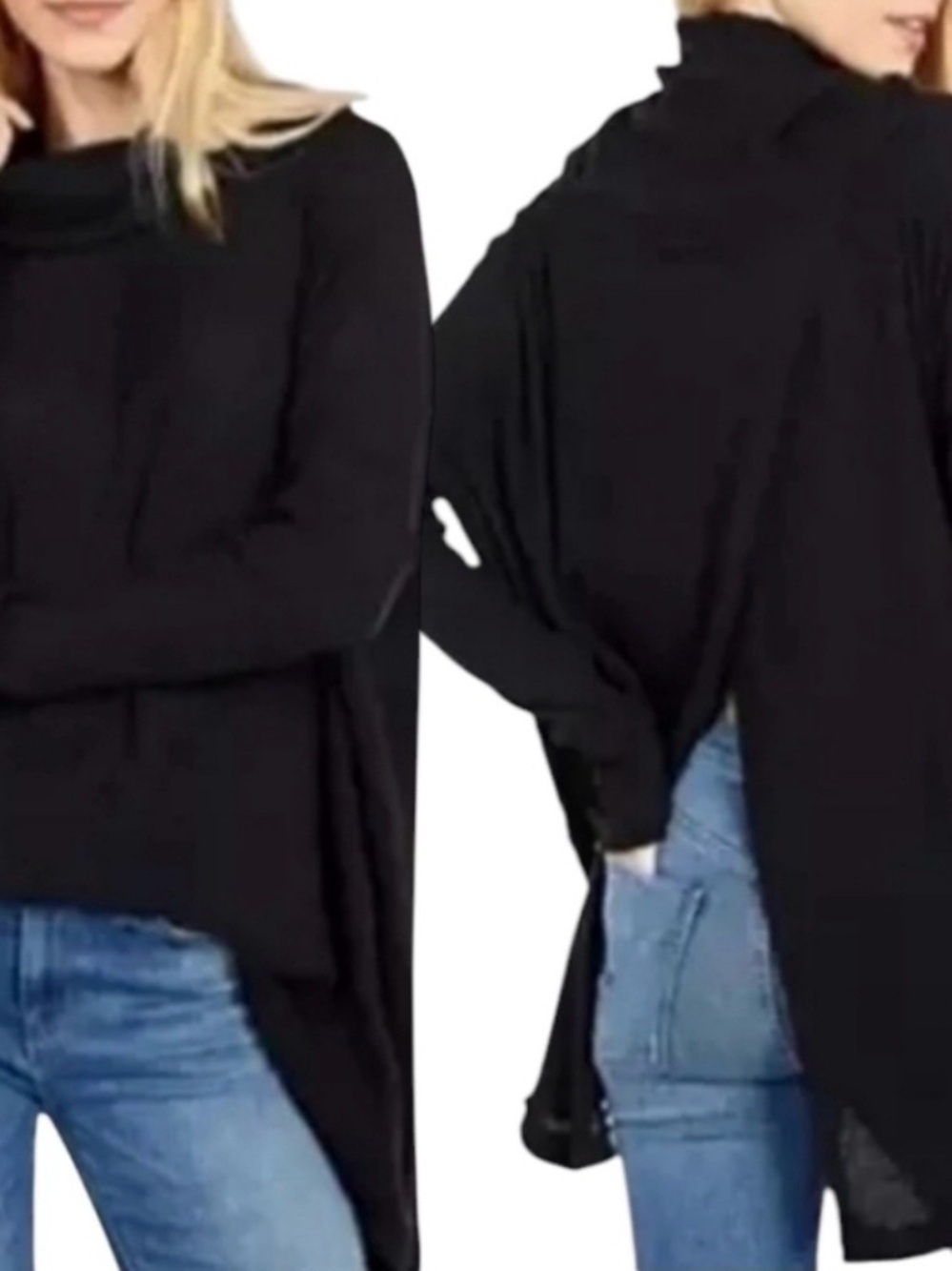 NWT! #976 FREE PEOPLE Juicy Black Oversized Cowl Neck Waffle Tunic w Surplice